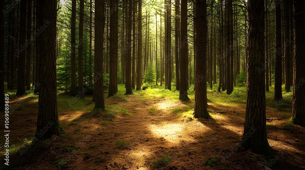 Fototapeta premium A dense pine forest features towering trees and a soft forest floor blanketed with pine needles, creating a serene and natural woodland environment.