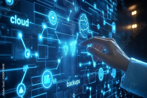 Digital blue cloud with icons representing connectivity security and data management in a high tech environment illustrating cloud technologys role in secure data operations