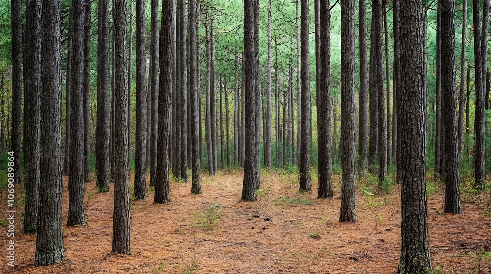 A dense pine forest features towering trees and a soft forest floor blanketed with pine needles, creating a serene and natural woodland environment. A dense pine forest features towering trees and a soft forest floor blanketed with pine needles, creating a serene and natural woodland environment.