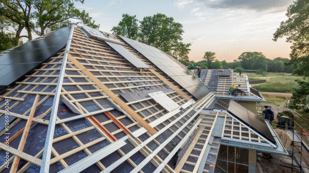 Solar panel installation on wooden rooftop of house under construction Solar panel installation on wooden rooftop of house under construction