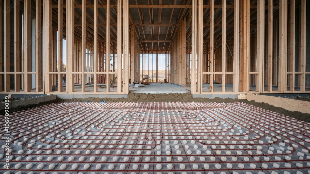 Construction site view of radiant floor heating installation in new build