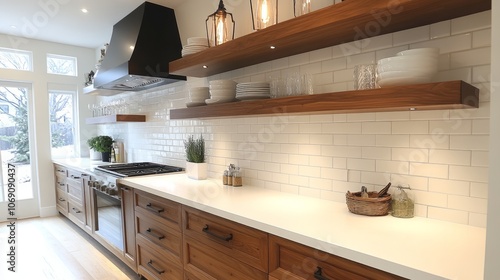 Modern Kitchen with White Subway Tile Backsplash, Wood Cabinets, and Open Shelving