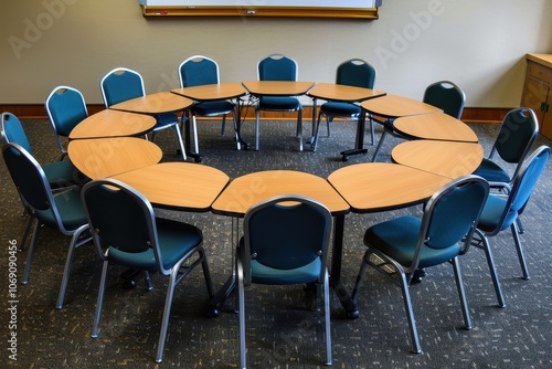 A circular arrangement of classroom tables and chairs ready for a group discussion in a well-lit training room setting