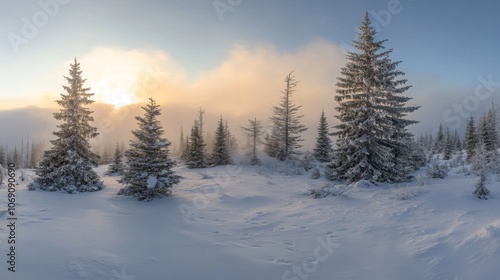 Wallpaper Mural A serene winter landscape with snow-covered tree and a soft sunrise in the background. Torontodigital.ca