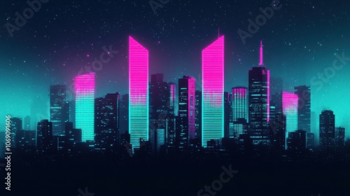 Neon Glow Cityscape with Skyscrapers at Night