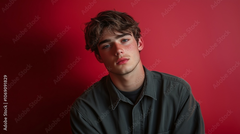 Fototapeta premium Young man posing casually against a red background, showcasing a relaxed expression in a contemporary setting