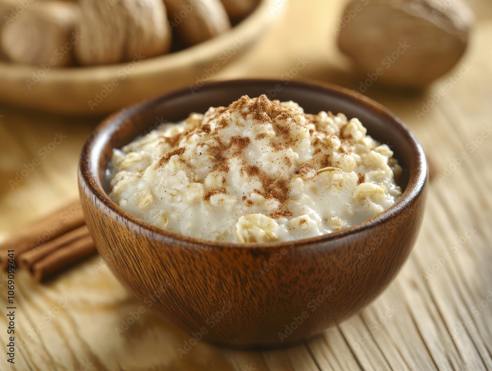 Rustic Oatmeal with Cinnamon in a Wooden Bowl Rustic Oatmeal with Cinnamon in a Wooden Bowl