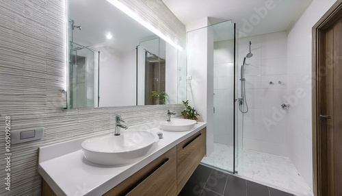 Wallpaper Mural White bathroom interior with shower and double sink Torontodigital.ca