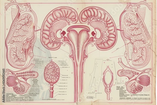 Anatomical illustration showcasing the human digestive and urinary systems with focus on the brain, kidneys, and intestines, highlighting their connections and functions photo