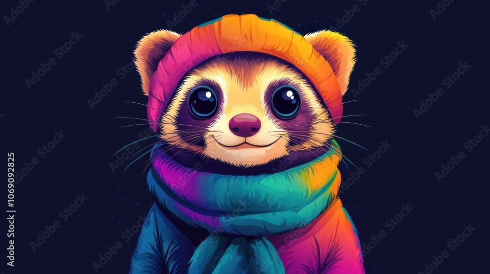 Fototapeta premium Cute Raccoon Wearing a Colorful Hat and Scarf