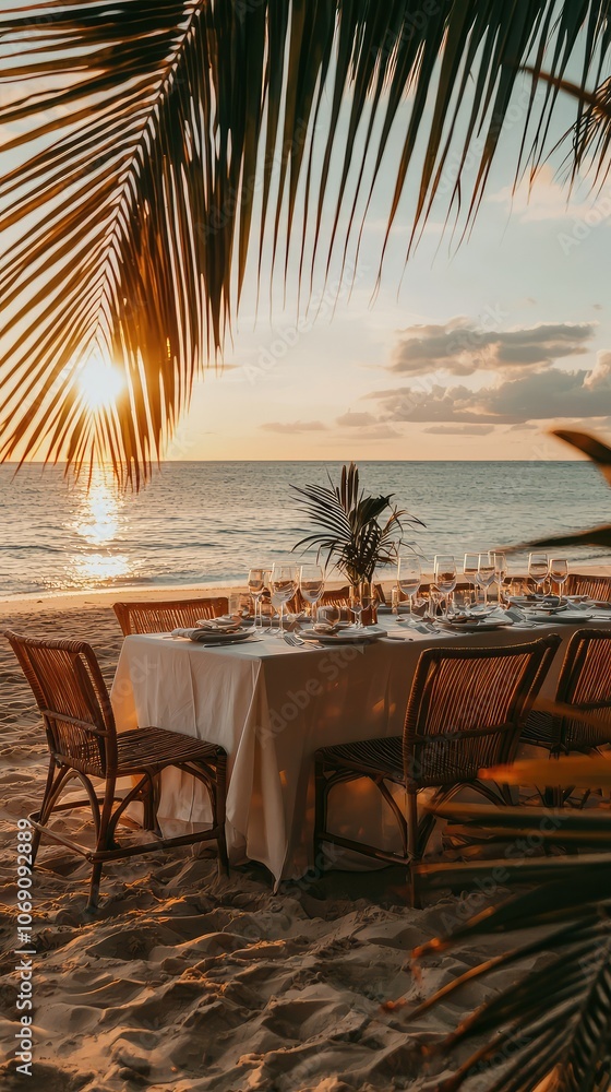 Fototapeta premium Luxurious Beach Dinner Setup at Sunset