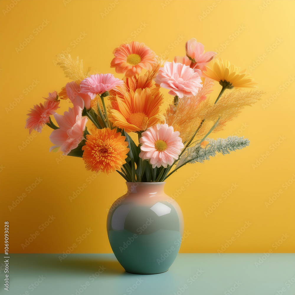 Fresh flowers in a simple vase, isolated on a yellow pastel Fresh flowers in a simple vase, isolated on a yellow pastel