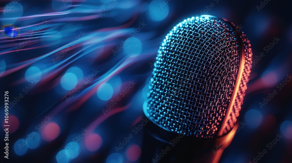 Vibrant microphone with colorful lights creating a dynamic atmosphere for performance Vibrant microphone with colorful lights creating a dynamic atmosphere for performance