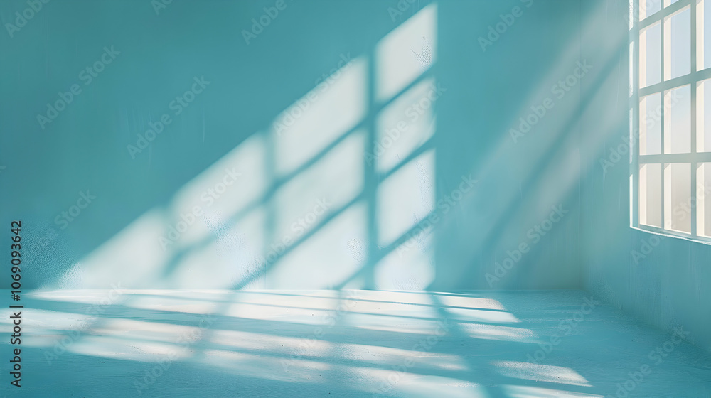 Fototapeta premium Simple Sky Blue Room with Natural Sunlight and Shadows for Product Presentation 