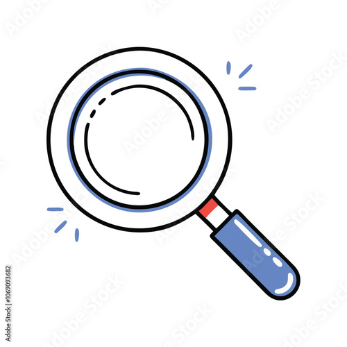 Magnifying Glass Icon with Blue Handle and Highlights, Illustration of a magnifying glass with a blue handle and highlights, symbolizing search, inspection, and exploration, suitable for UI and resear