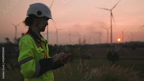 Renewable energy male engineer use tablet working outdoors at sunset on wind turbine farm. Technician worker working on windmill project. Engineer research clean ecology and environment green energy. 
