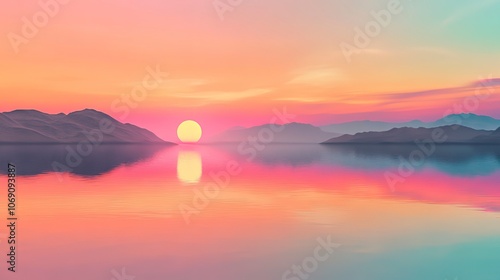 A sunset reflected on a calm lake.