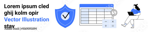 Text, shield with check mark, financial spreadsheet with calculator and currency symbol, person using laptop. Ideal for data security, finance, online learning, technology, remote work, digital