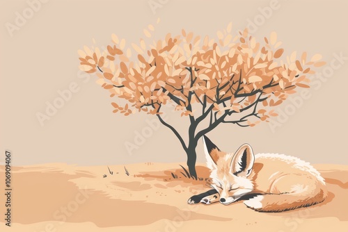 Illustrated fennec fox resting under autumn tree photo