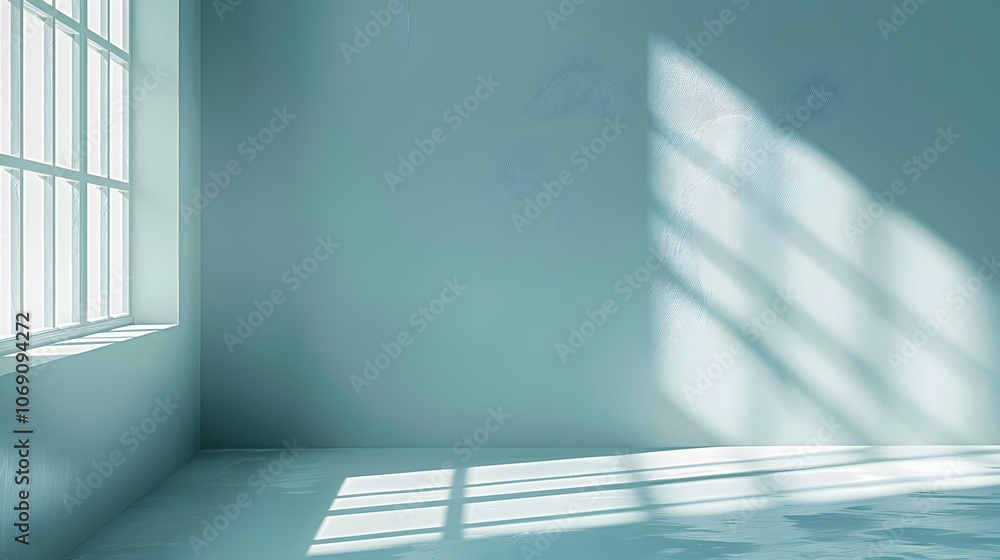 Obraz premium Room with Blue Wall and Bright Light Streaming Through a Window, Casting Shadows 