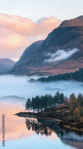 Serene Morning Fog Over Rugged Landscape