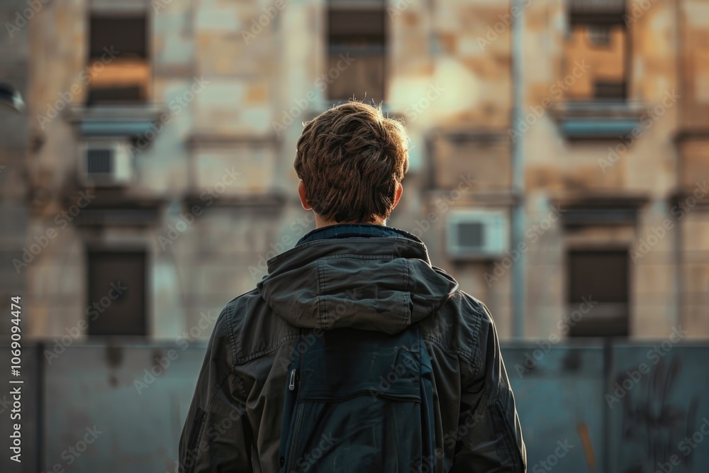 Young man facing away from camera. Young man facing away from camera.