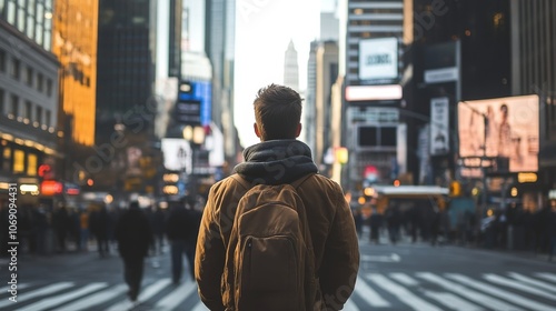 A person stands at a busy intersection, gazing towards skyscrapers and vibrant advertisements.