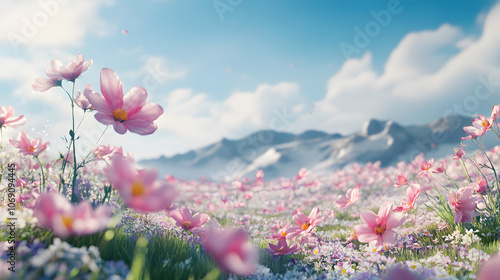 A field of pink cosmos flowers with mountains in the background under a blue sky with white clouds.
