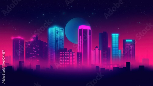 Neon Skyline at Night with Colorful Illuminations