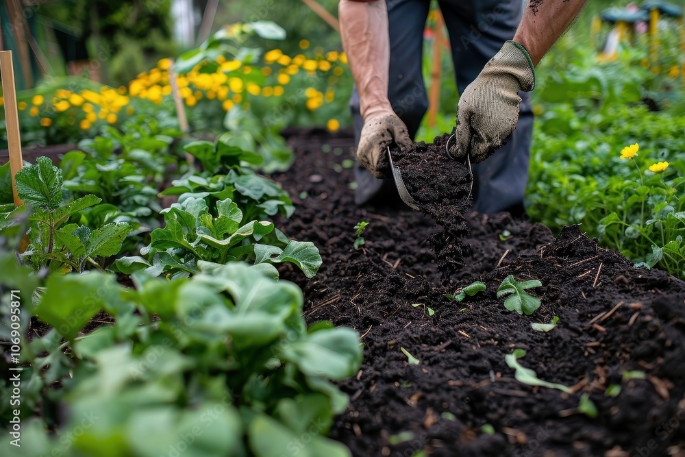 Gardener working diligently in a lush vegetable garden during spring, preparing soil while surrounded by vibrant flowers in a sunny outdoor setting Gardener working diligently in a lush vegetable garden during spring, preparing soil while surrounded by vibrant flowers in a sunny outdoor setting