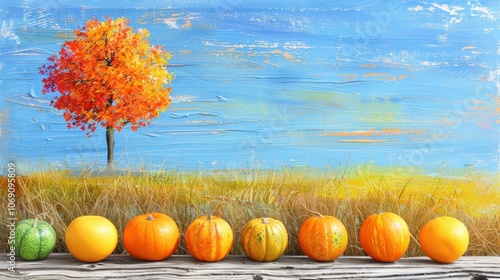 Lineup of colorful pumpkins set against a painted autumn landscape with a lone tree and a bright blue sky, creating a cheerful and festive fall scene, ideal for seasonal and harvest themes. photo