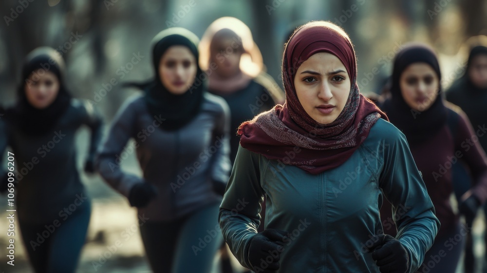 Fototapeta premium Group of Women in hijab Jogging Outdoors at Sunrise in Sportswear, Embracing Fitness and Diversity. Generative ai