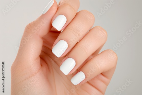 Close-up of a hand with neatly manicured white nails, showcasing clean and polished nail care, ideal for beauty and self-care themes.