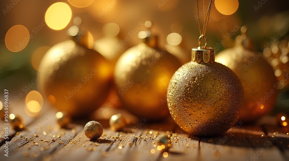 Golden Christmas decorations, ornaments, balls on the table with lights and a warm background, creating a festive atmosphere. Christmas balloons, garlands, jewelry in gold. Golden Christmas decorations, ornaments, balls on the table with lights and a warm background, creating a festive atmosphere. Christmas balloons, garlands, jewelry in gold.