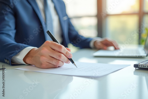 businessman's hand signs documents in close-up