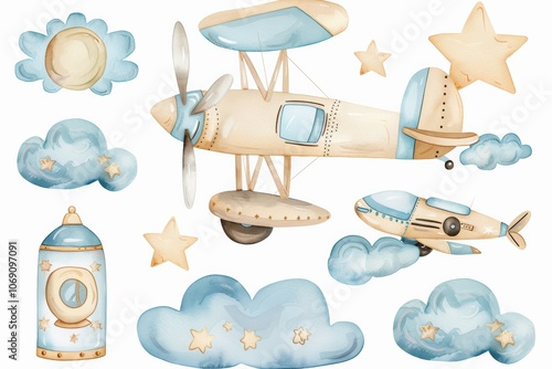 A cute watercolor illustration of a teddy bear flying a small airplane surrounded by stars and clouds, perfect for children's decor, nursery themes, and playful designs.