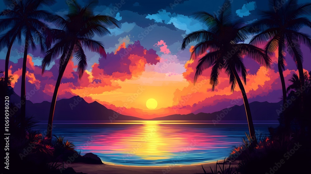 Obraz premium Vibrant tropical sunset over calm waters with palm trees lining a serene beach at dusk