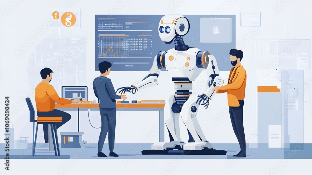A team of engineers collaborating on a robotics project, refining the design and functionality of a new robot. A team of engineers collaborating on a robotics project, refining the design and functionality of a new robot.