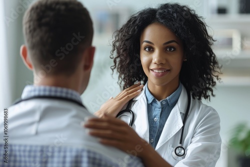 Supportive doctor comforts happy patient after successful treatment.