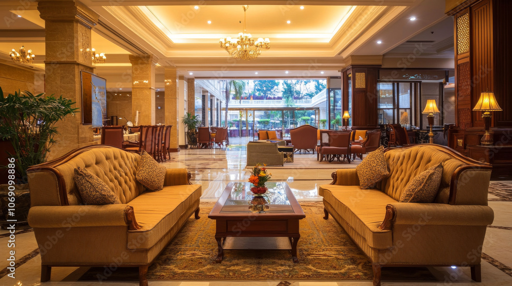 Obraz premium A stylish hotel lobby with a luxurious conference room, spa, and restaurant is waiting for guests. The cozy and inviting atmosphere makes it feel like a relaxing resort.