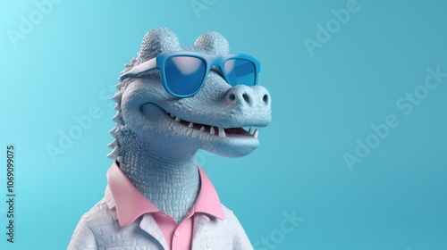 Alligator in sunglasses. Close-up portrait of an alligator. Anthopomorphic creature. A fictional character for advertising and marketing. A humorous character for graphic design. photo