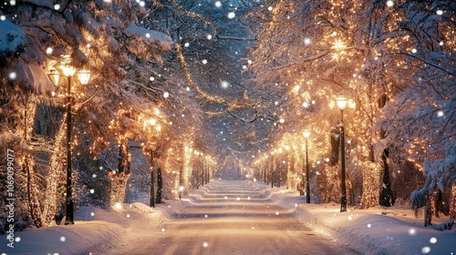 A snowy pathway illuminated by warm light, creating a serene winter atmosphere.