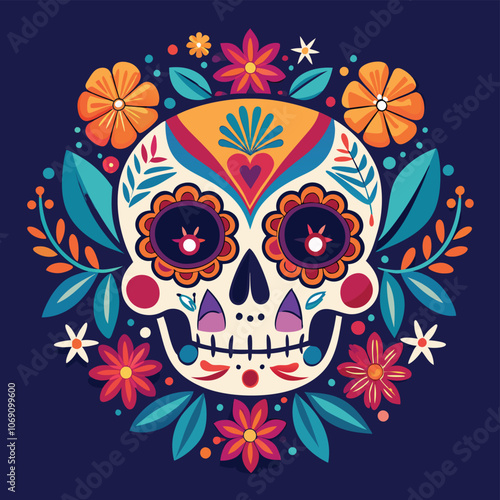 Colorful Dia de los Muertos skull, floral vector illustration on navy, festive decoration