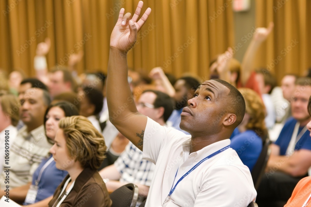 A participant raises their hand in a large conference hall, signaling a question or comment in an engaging and formal event. A participant raises their hand in a large conference hall, signaling a question or comment in an engaging and formal event.