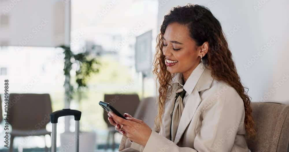 Hotel, happy woman and suitcase with smartphone for travel, business commute and online flight deal. Sofa, female person and consultant with mobile application for taxi booking, transport and smile Hotel, happy woman and suitcase with smartphone for travel, business commute and online flight deal. Sofa, female person and consultant with mobile application for taxi booking, transport and smile