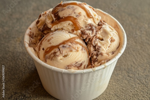 A decadent caramel swirl ice cream with chunks of caramel and a caramel drizzle on top. 