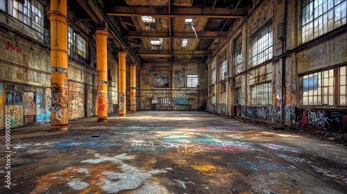 An abandoned industrial space with graffiti and sunlight filtering through windows.