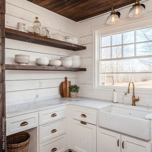 A farmhouse kitchen featuring white shiplap walls, open shelving, and a large farmhouse sink photo