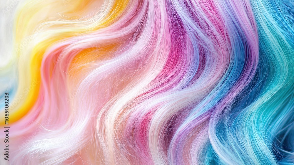 Women's hair close-up. Wavy curls are dyed in bright multicoloured colours and look well-groomed. Hair colouring in modern shades. Hairdressing procedures, extensions. Design for advertising. Women's hair close-up. Wavy curls are dyed in bright multicoloured colours and look well-groomed. Hair colouring in modern shades. Hairdressing procedures, extensions. Design for advertising.