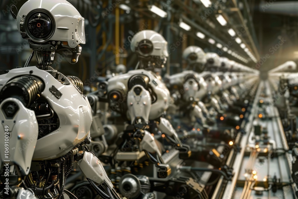 Automated assembly line featuring robotic arms working in a high-tech factory setting during peak production hours Automated assembly line featuring robotic arms working in a high-tech factory setting during peak production hours